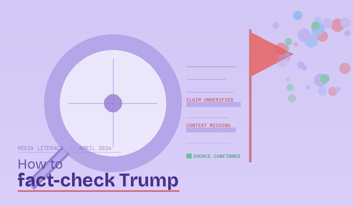 Illustration of a magnifying glass over a document with red flags and fact-check labels